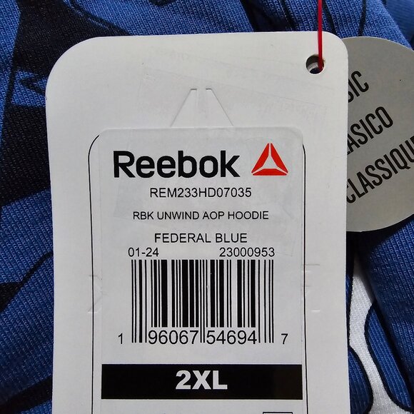 Men's Pullover Hoodie Breathable All Over Reebok Logo with Pockets Blue Size 2XL - Picture 7 of 8